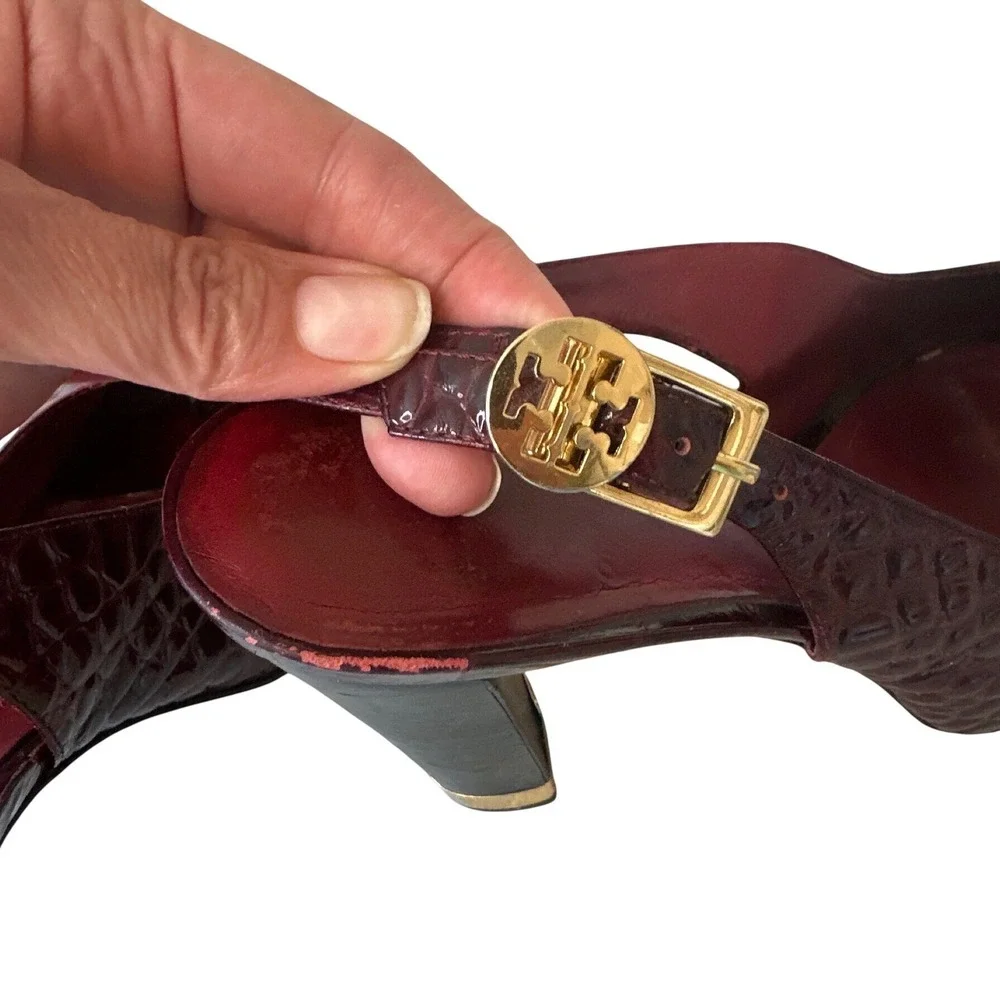 Tory Burch Allison Croc Patent Slingback Peep Toe‎ Block Heels 8 Bordeaux